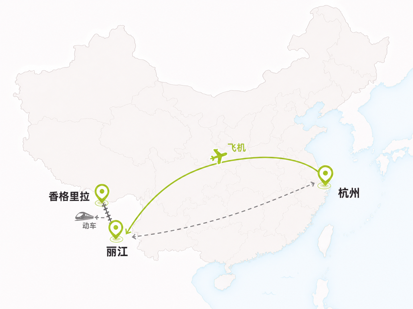 杭州飞丽江、丽江动车往返香格里拉的真实方位路线图